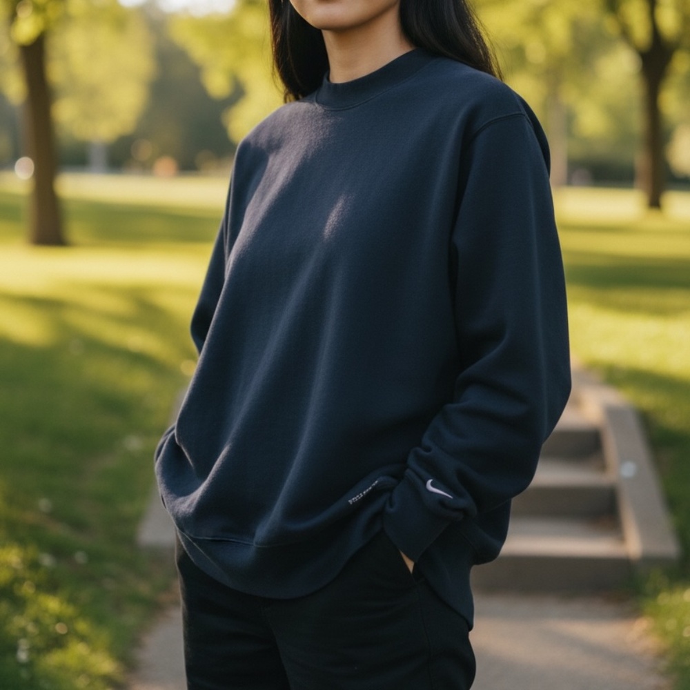 Nike Sweatshirt Women’s Medium Navy Fleece Crewneck Swoosh Athletic Sportwear